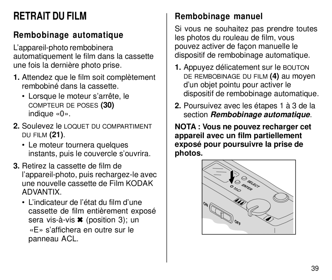 Kodak C650 manual Retrait DU Film, Rembobinage automatique, Rembobinage manuel 