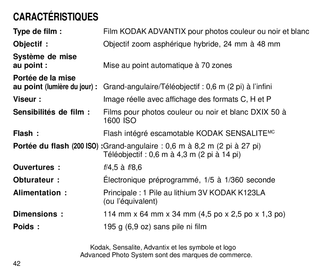 Kodak C650 manual Caractéristiques 