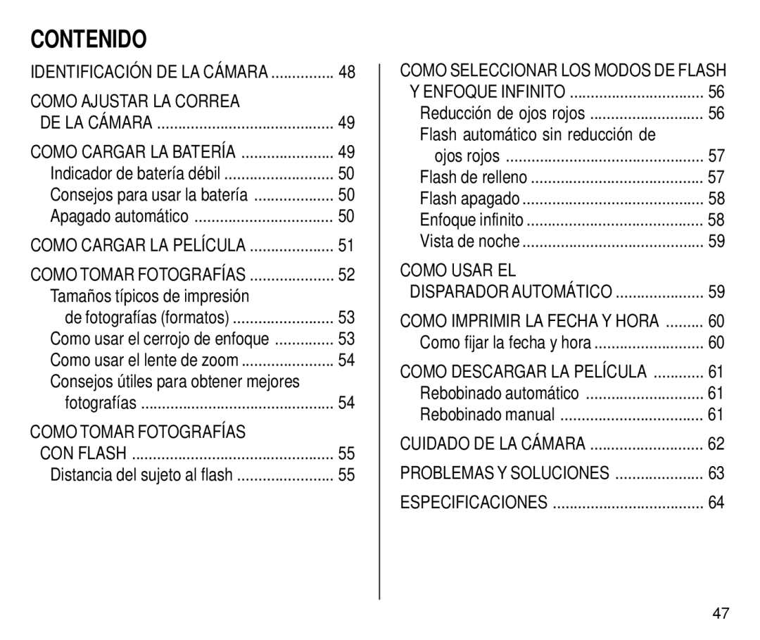 Kodak C650 manual Contenido, Tamaños típicos de impresión, Flash automático sin reducción de 