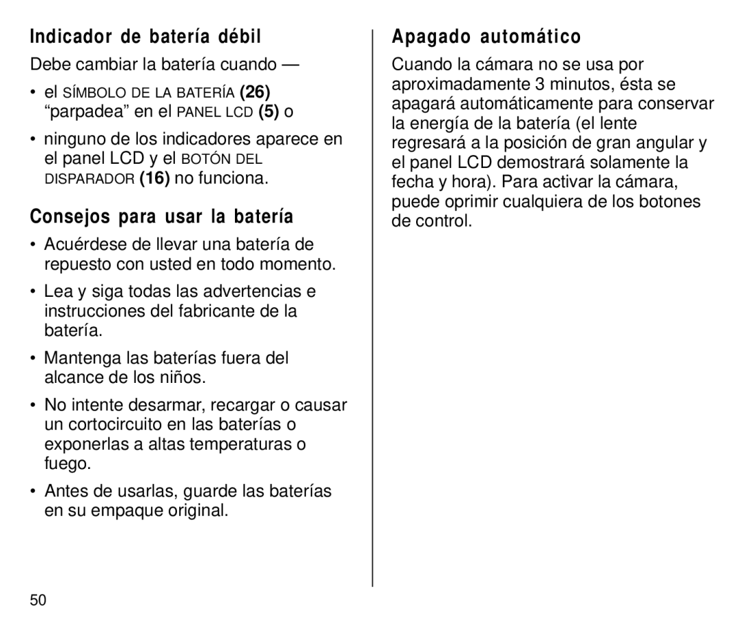Kodak C650 Indicador de batería débil, Consejos para usar la batería, Apagado automático, Debe cambiar la batería cuando 
