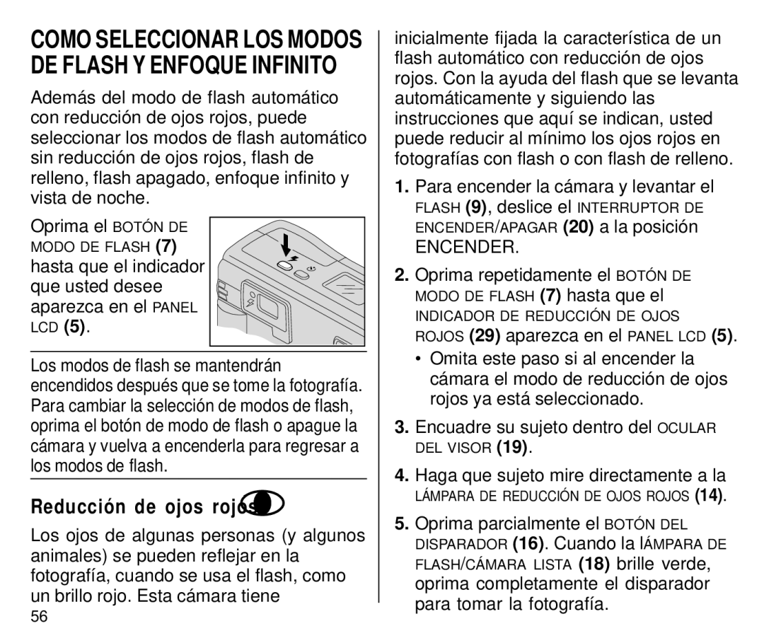 Kodak C650 manual Reducción de ojos rojos, Oprima repetidamente el Botón DE, Haga que sujeto mire directamente a la 