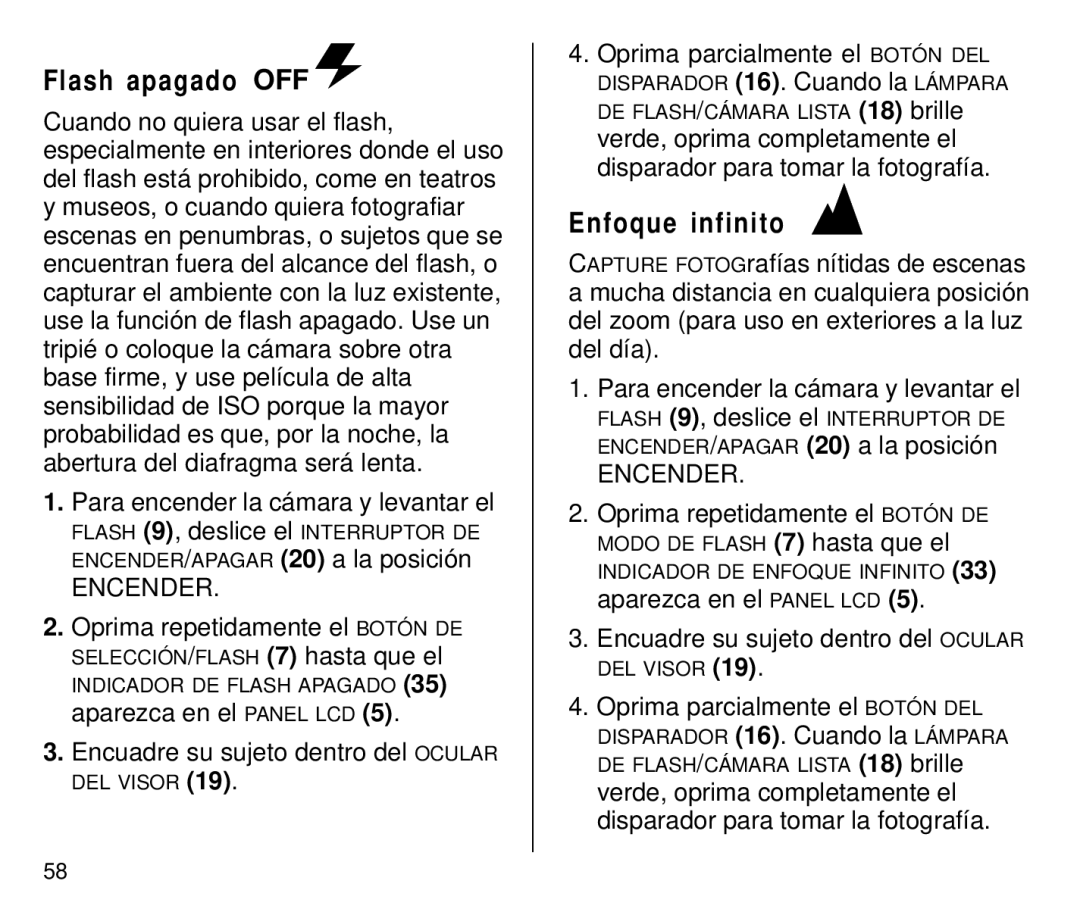 Kodak C650 manual Flash apagado OFF, Enfoque infinito, Aparezca en el Panel LCD 