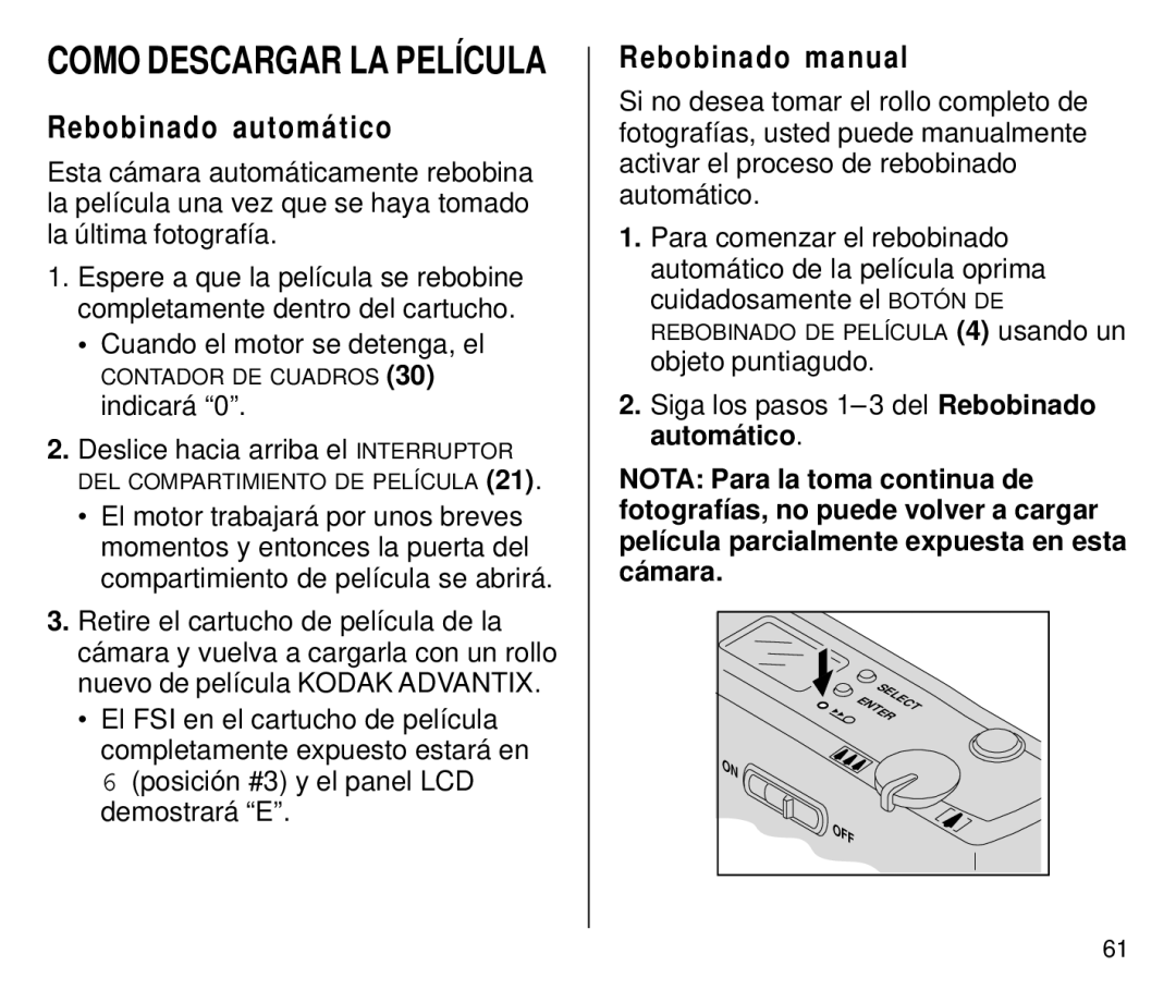 Kodak C650 Rebobinado automático, Rebobinado manual, Indicará Deslice hacia arriba el Interruptor 