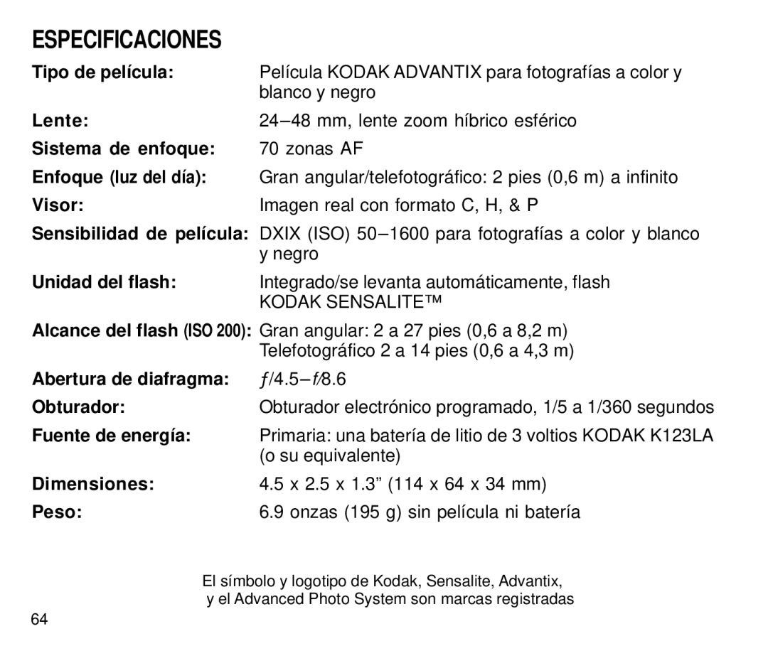 Kodak C650 manual Especificaciones 