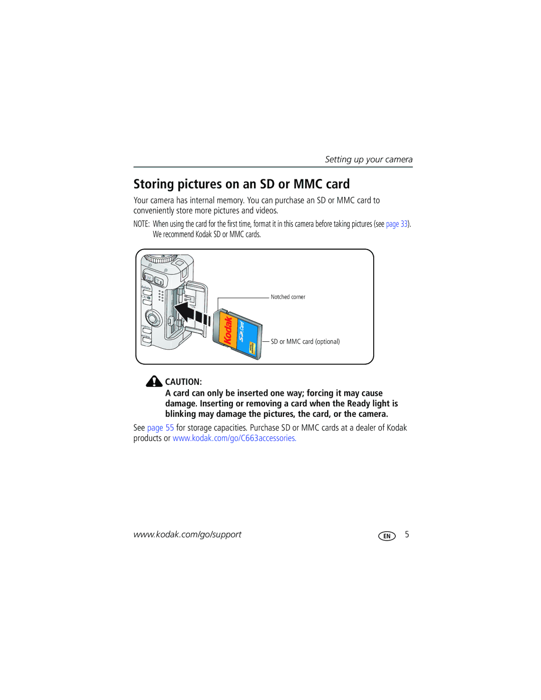 Kodak C663 manual Storing pictures on an SD or MMC card 