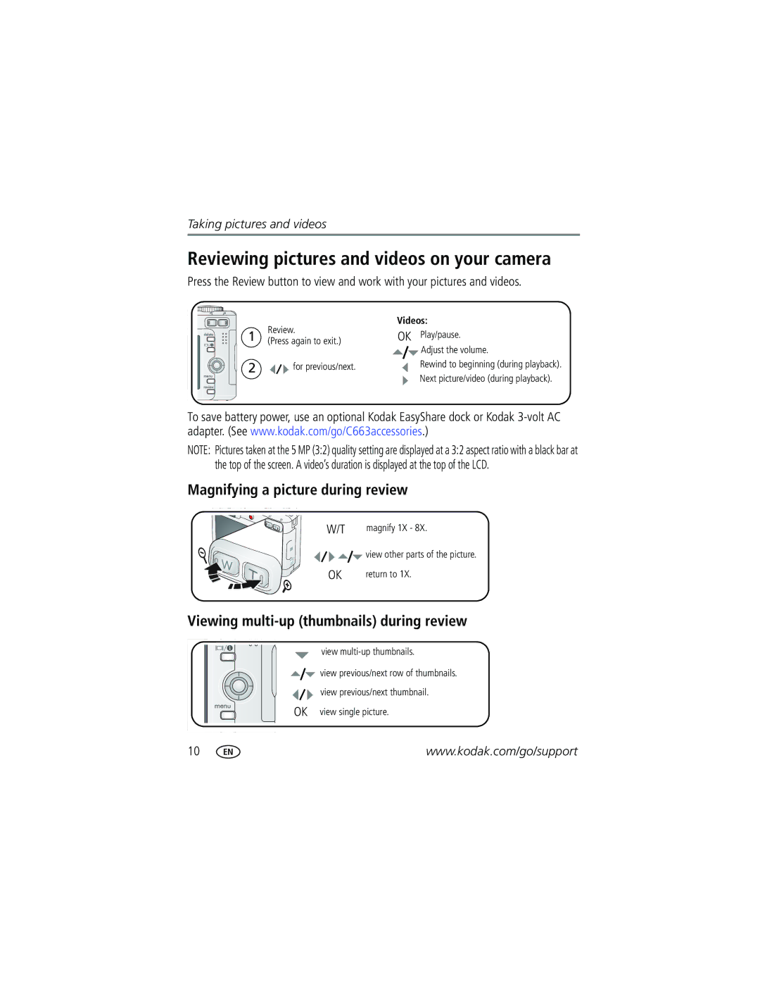 Kodak C663 manual Reviewing pictures and videos on your camera, Magnifying a picture during review 