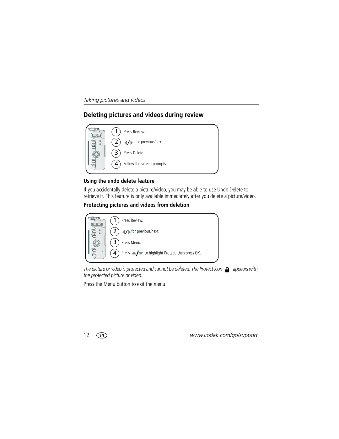 Kodak C663 manual Deleting pictures and videos during review, Using the undo delete feature 