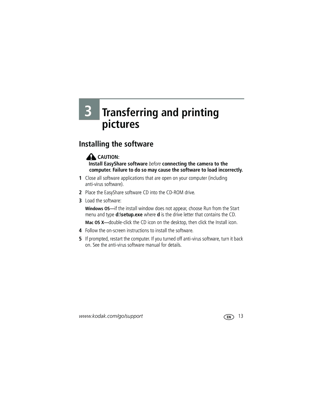 Kodak C663 manual Transferring and printing pictures, Follow the on-screen instructions to install the software 