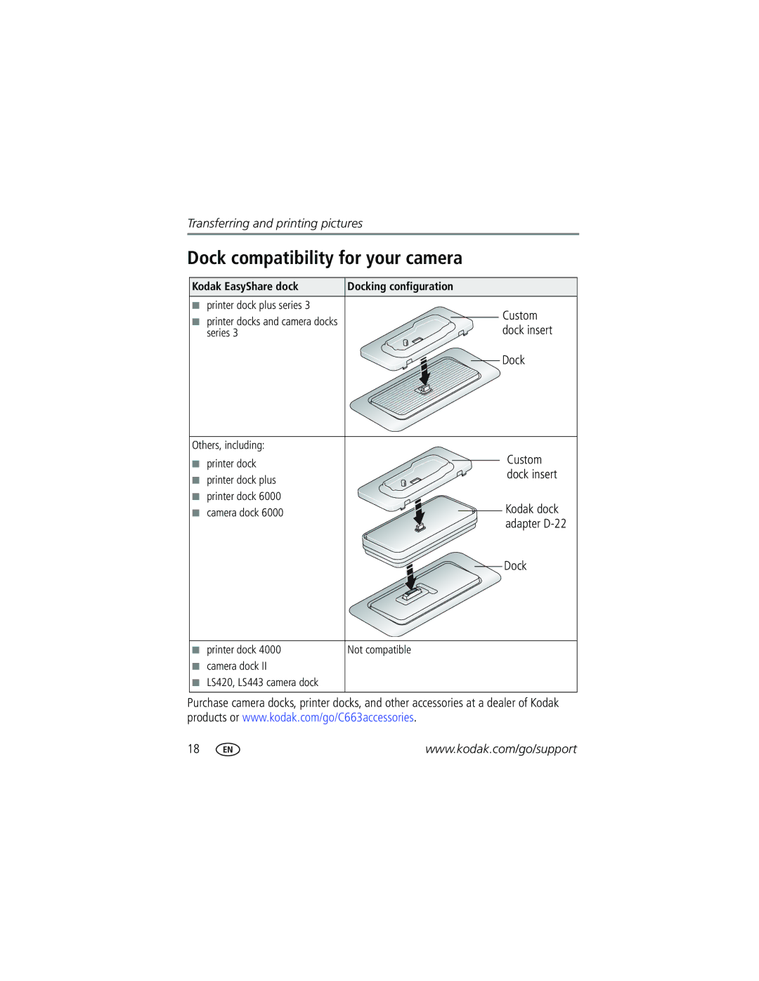 Kodak C663 manual Dock compatibility for your camera, Custom, Kodak EasyShare dock Docking configuration 