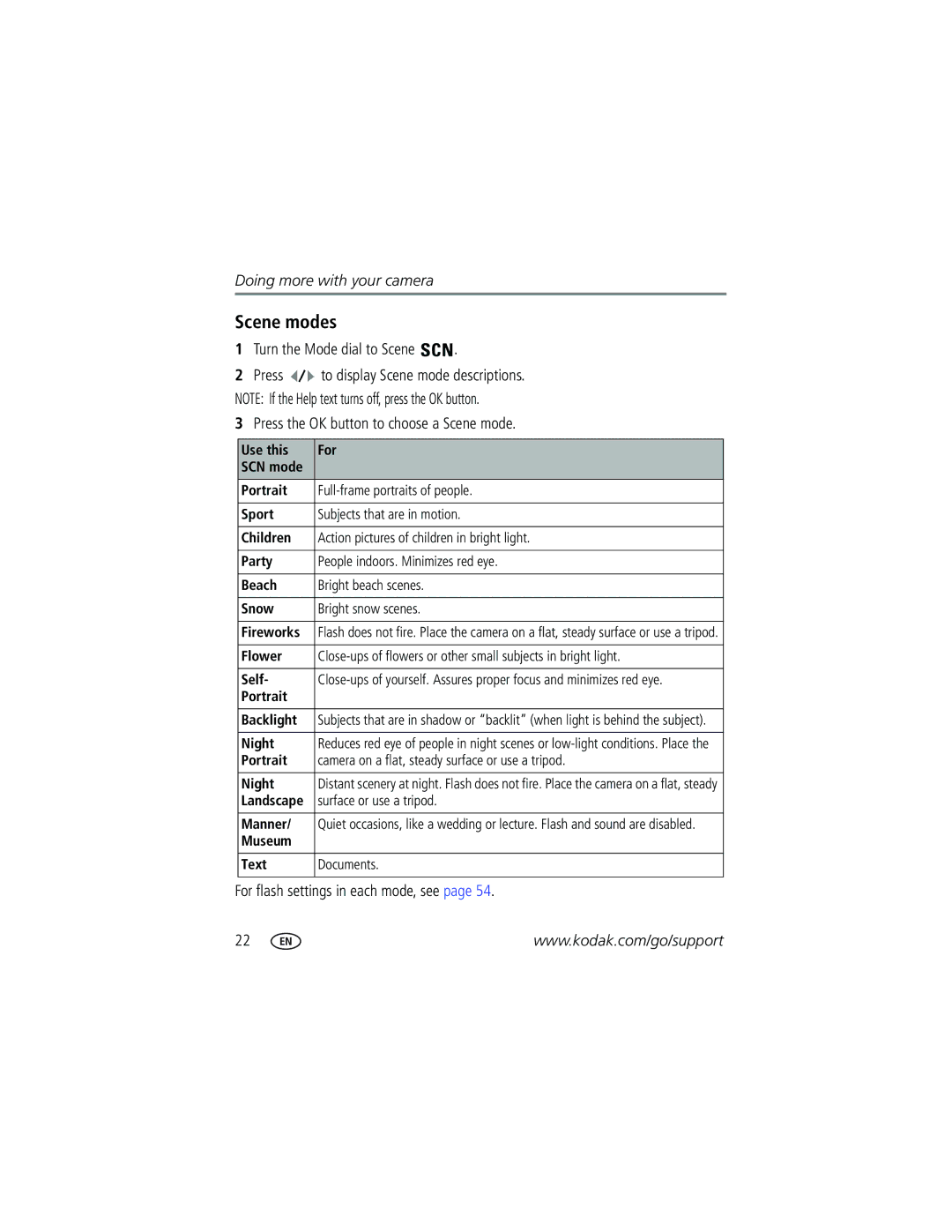 Kodak C663 manual Scene modes, Turn the Mode dial to Scene, Press the OK button to choose a Scene mode 