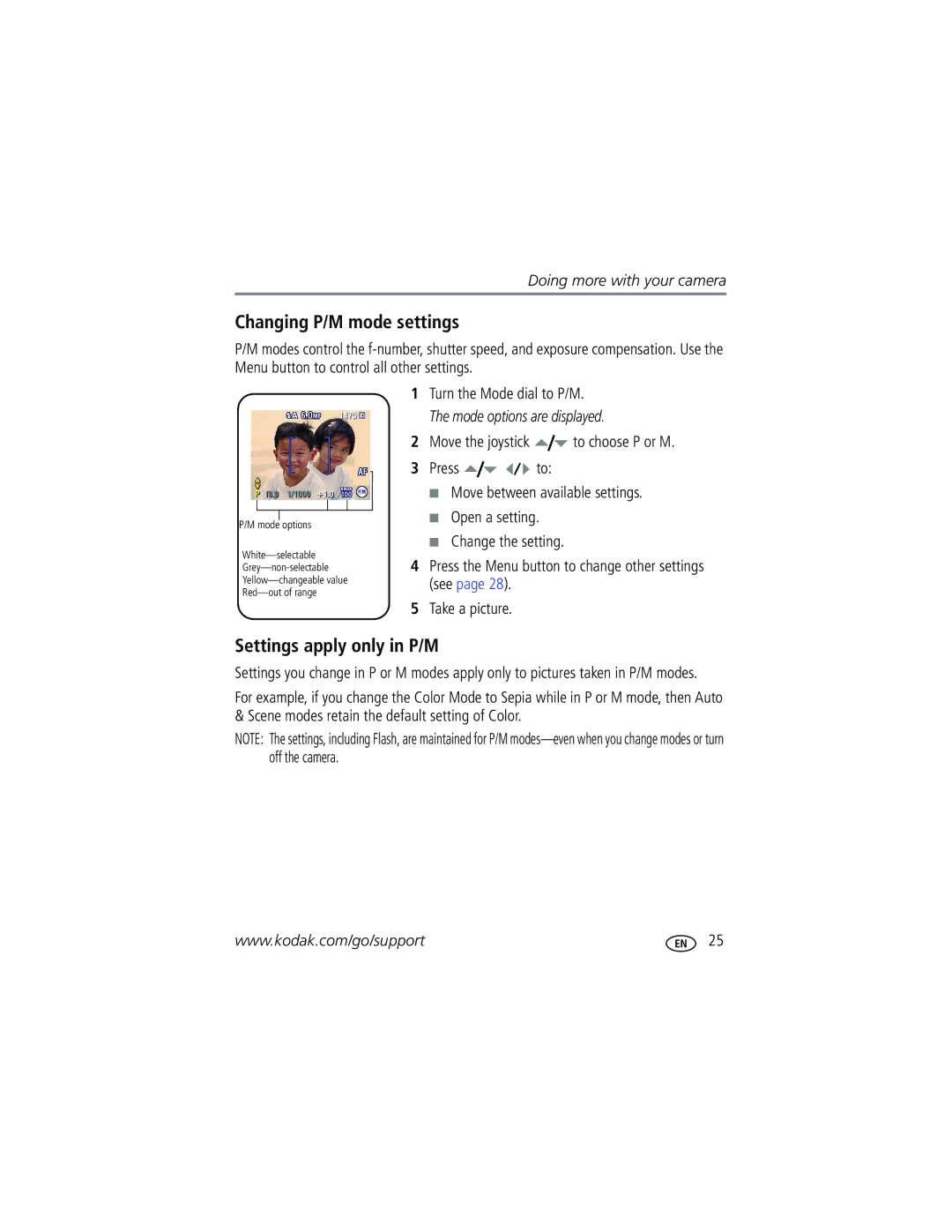 Kodak C663 manual Changing P/M mode settings, Settings apply only in P/M 