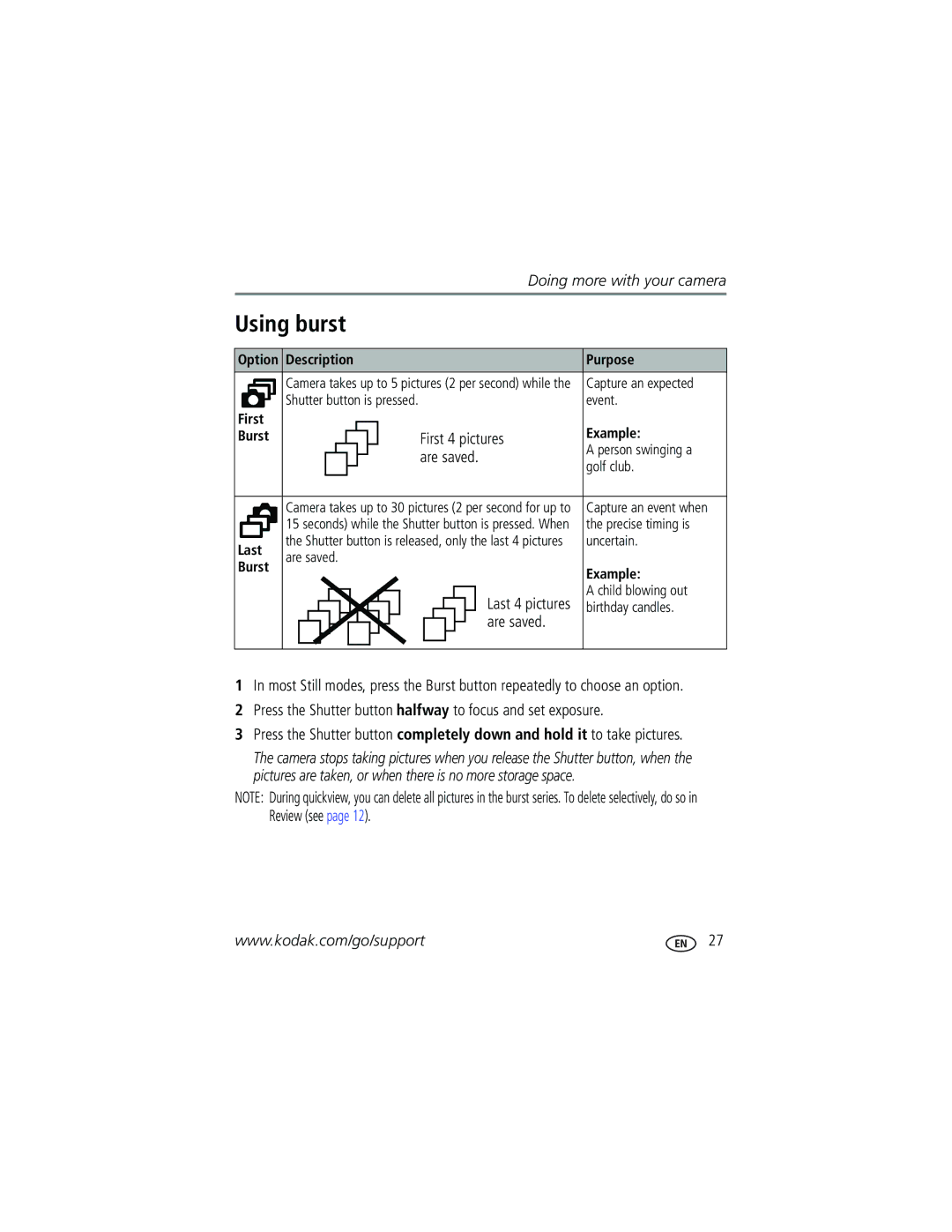 Kodak C663 manual Using burst, First 4 pictures, Are saved, Press the Shutter button halfway to focus and set exposure 