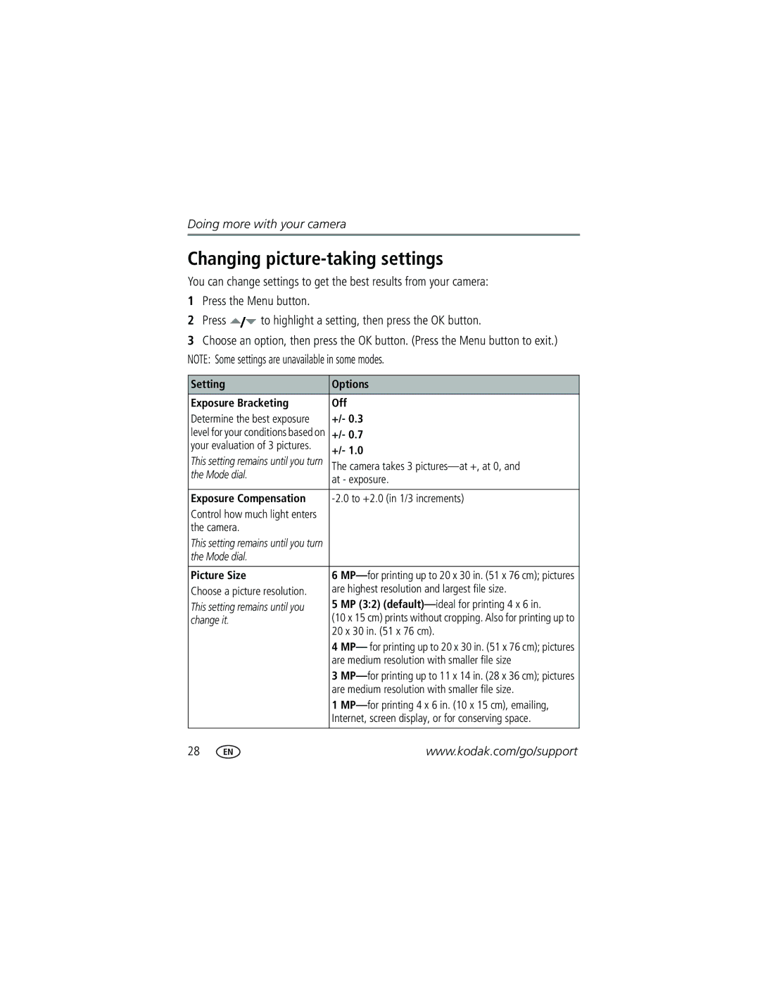 Kodak C663 Changing picture-taking settings, Setting Options Exposure Bracketing Off, Exposure Compensation, Picture Size 