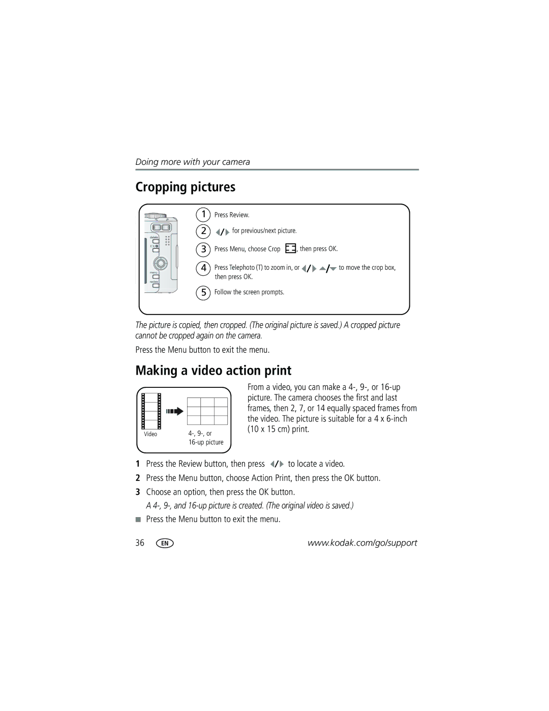 Kodak C663 manual Cropping pictures, Making a video action print 