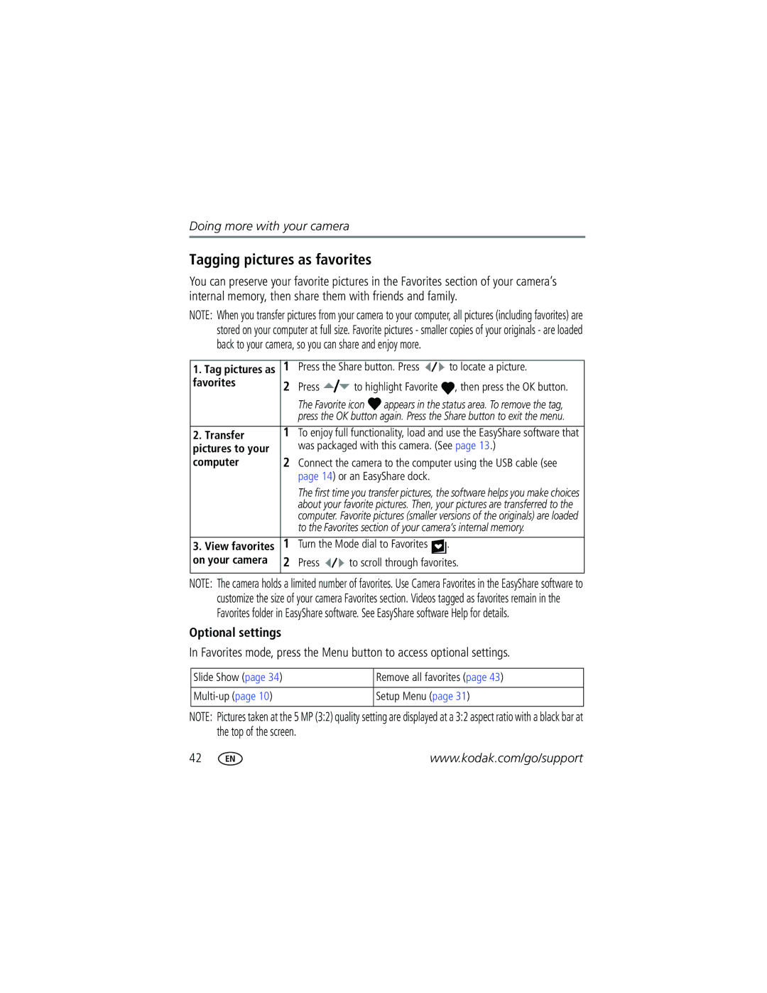 Kodak C663 manual Tagging pictures as favorites, Optional settings 