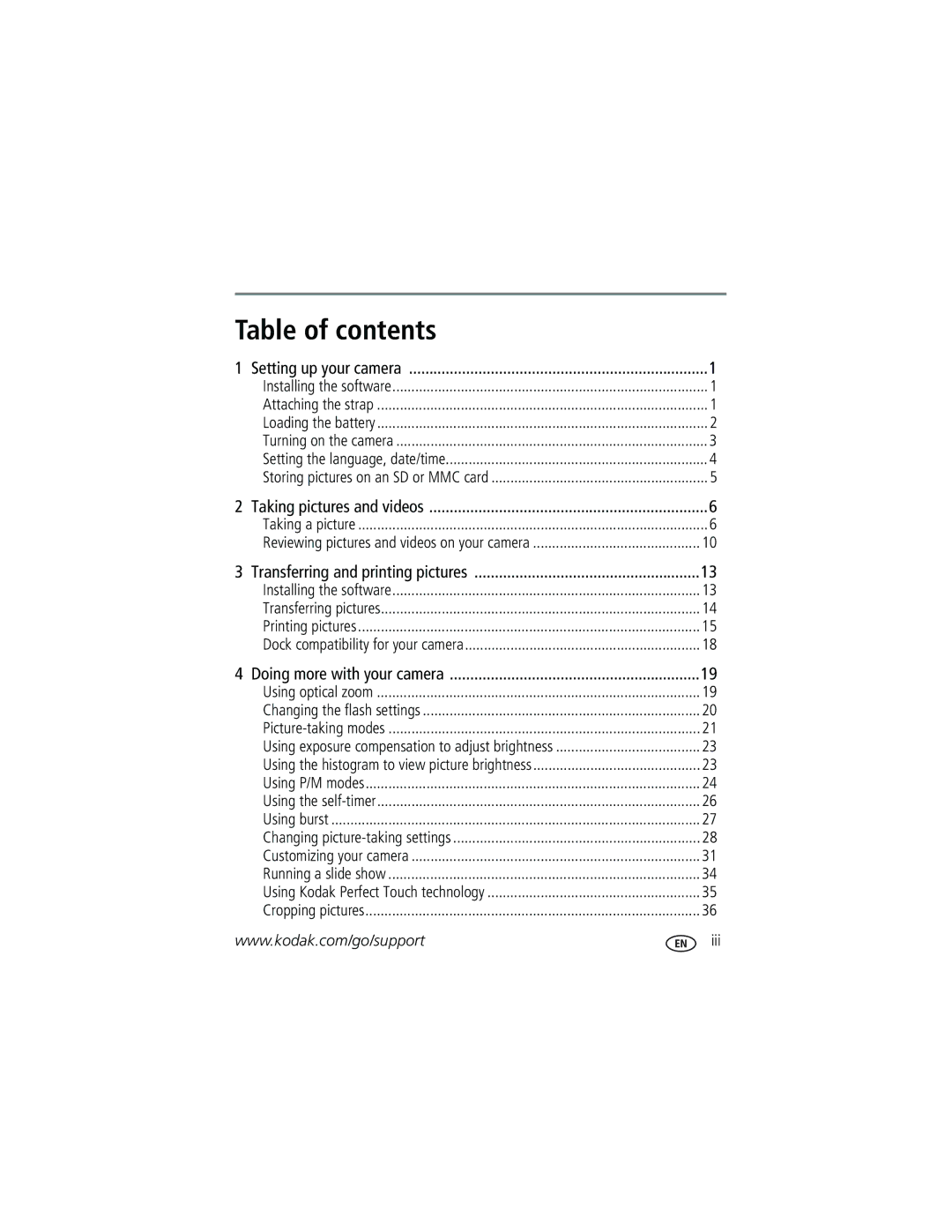 Kodak C663 manual Table of contents 