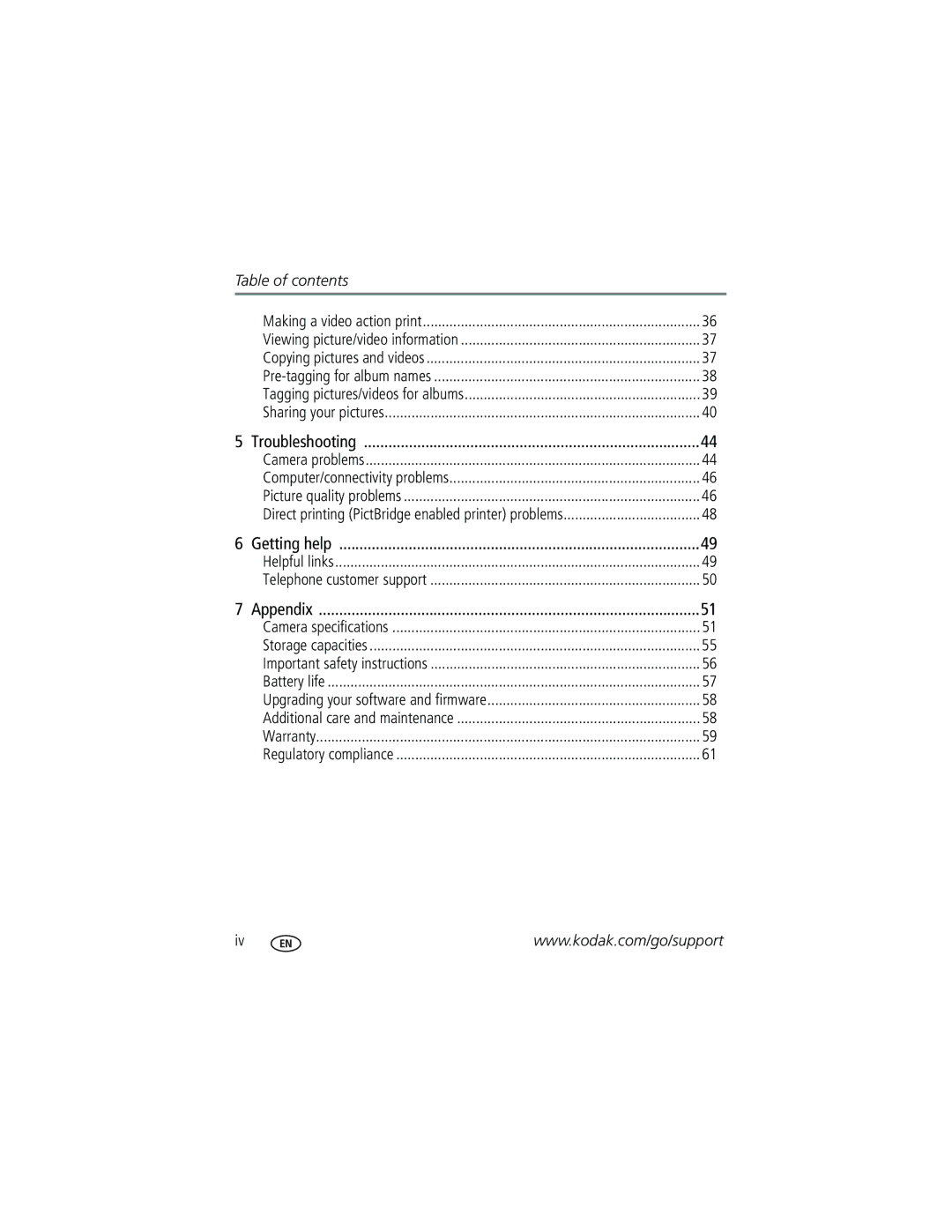 Kodak C663 manual Table of contents 