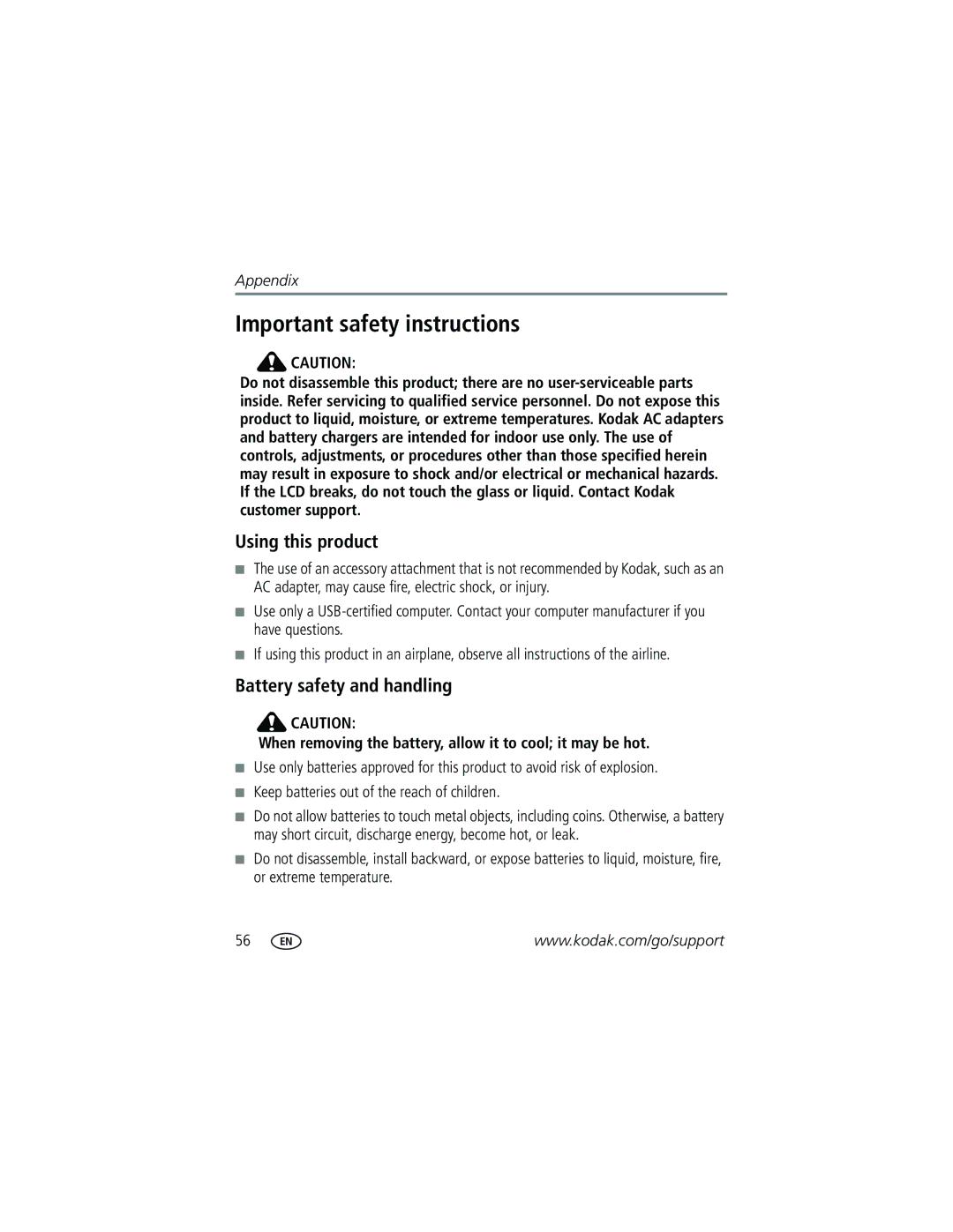 Kodak C663 manual Important safety instructions, Using this product, Battery safety and handling 