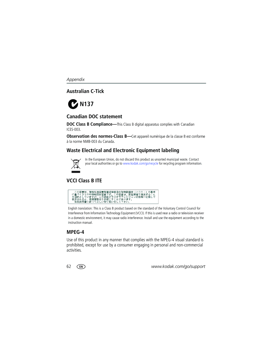 Kodak C663 manual Australian C-Tick, Canadian DOC statement 