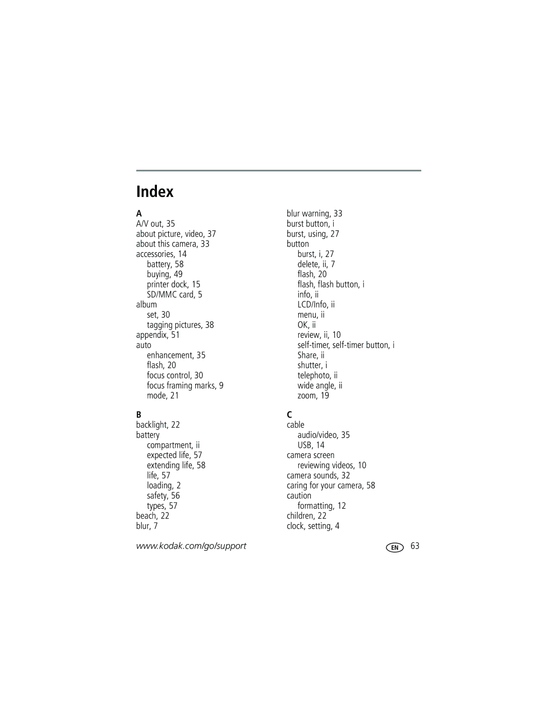 Kodak C663 manual Index, Blur warning 