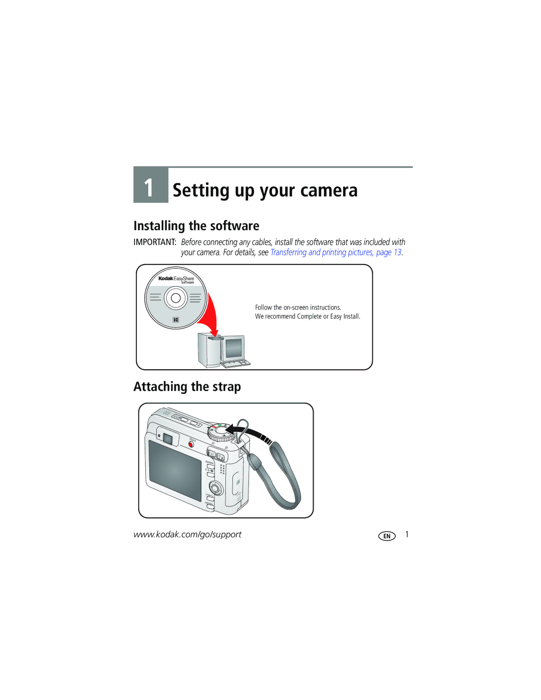 Kodak C663 manual Installing the software, Attaching the strap 