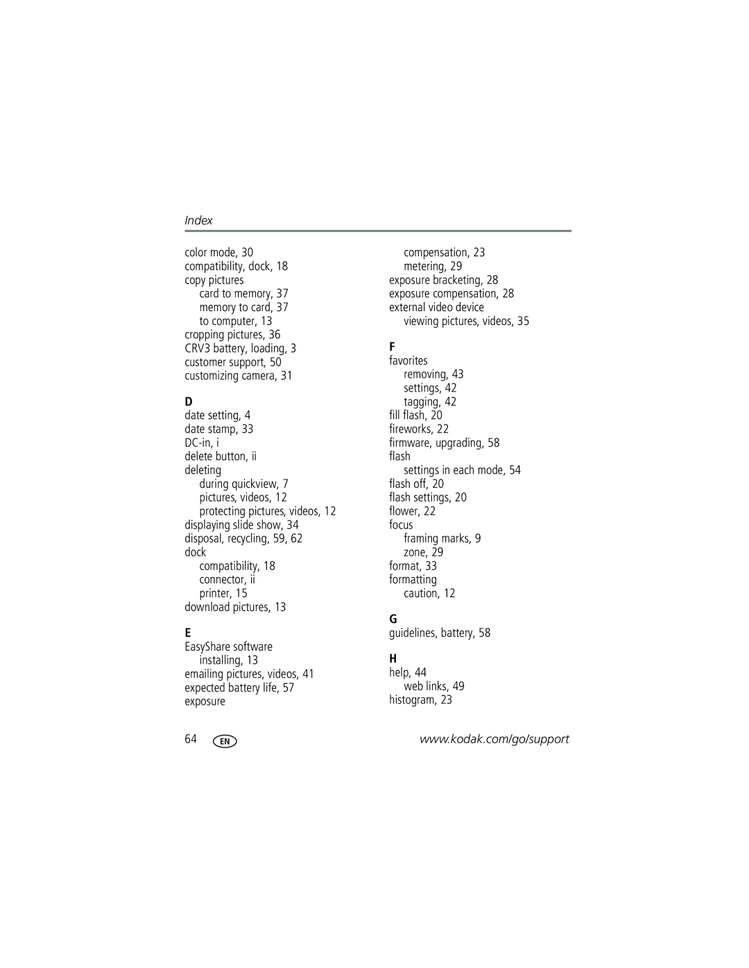 Kodak C663 manual Guidelines, battery Help, Index 