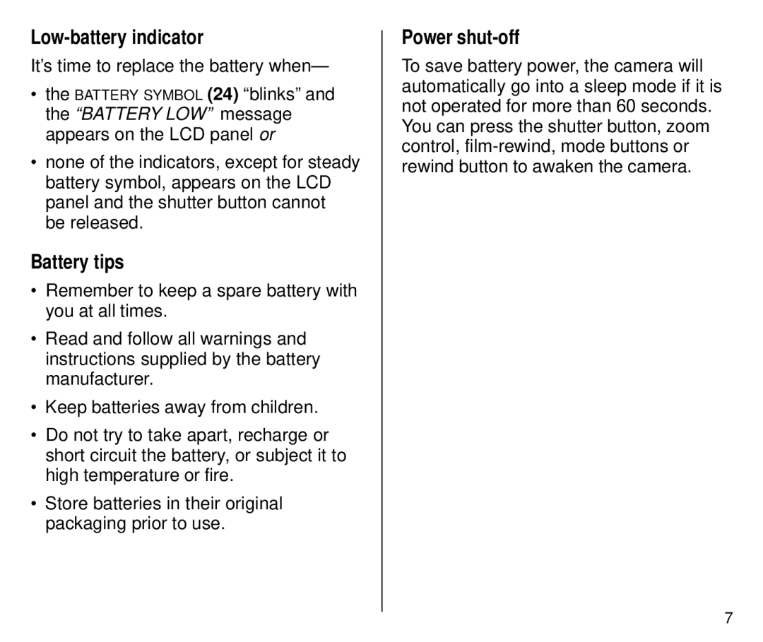 Kodak C700 manual Low-battery indicator, Battery tips, Power shut-off, It’s time to replace the battery when 