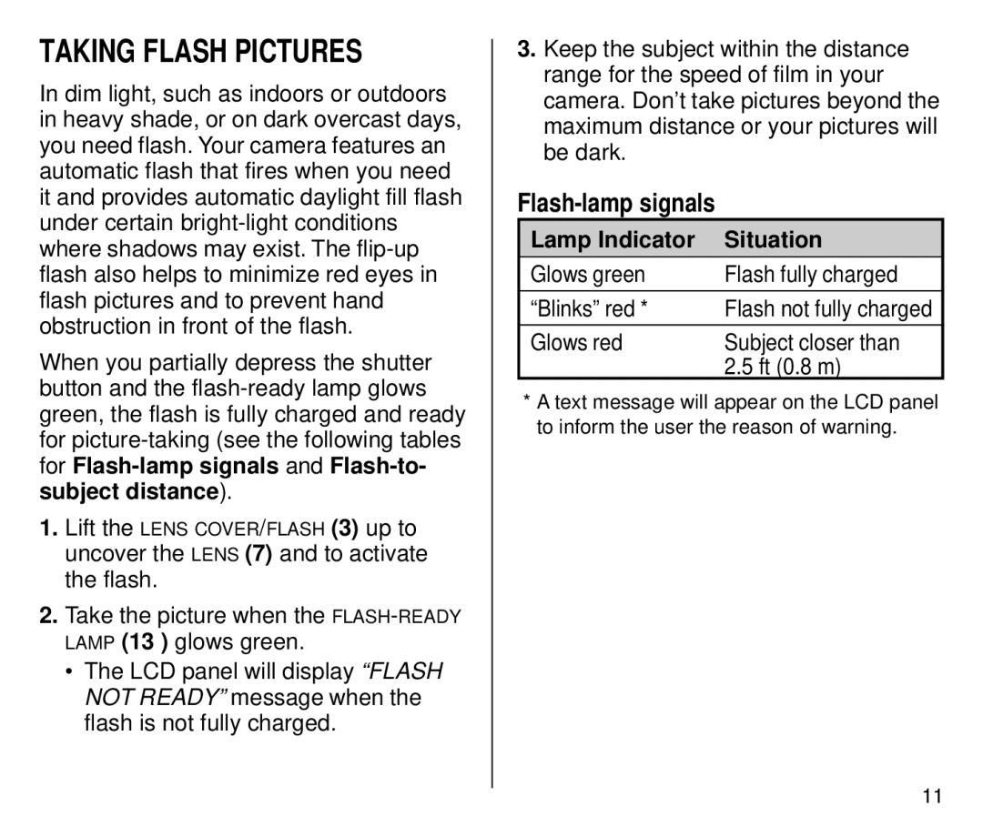 Kodak C700 manual Taking Flash Pictures, Flash-lamp signals, Lamp Indicator Situation 