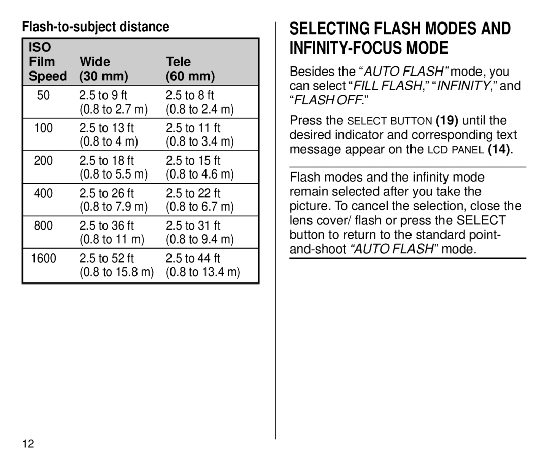 Kodak C700 manual Flash-to-subject distance, Film Wide Tele Speed 30 mm 60 mm 