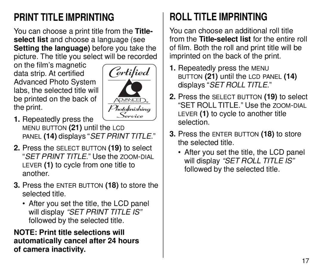 Kodak C700 manual Print Title Imprinting, Roll Title Imprinting, Press the Enter Button 18 to store the selected title 