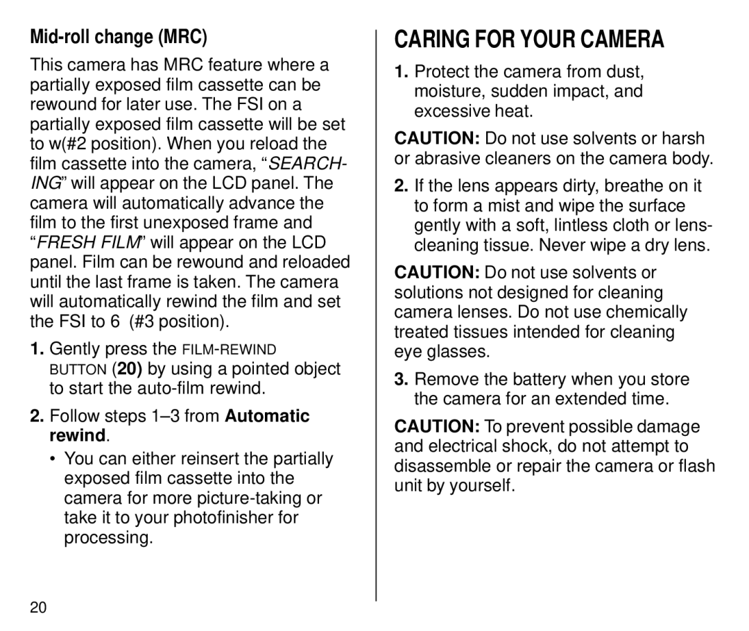 Kodak C700 manual Caring for Your Camera, Mid-roll change MRC 