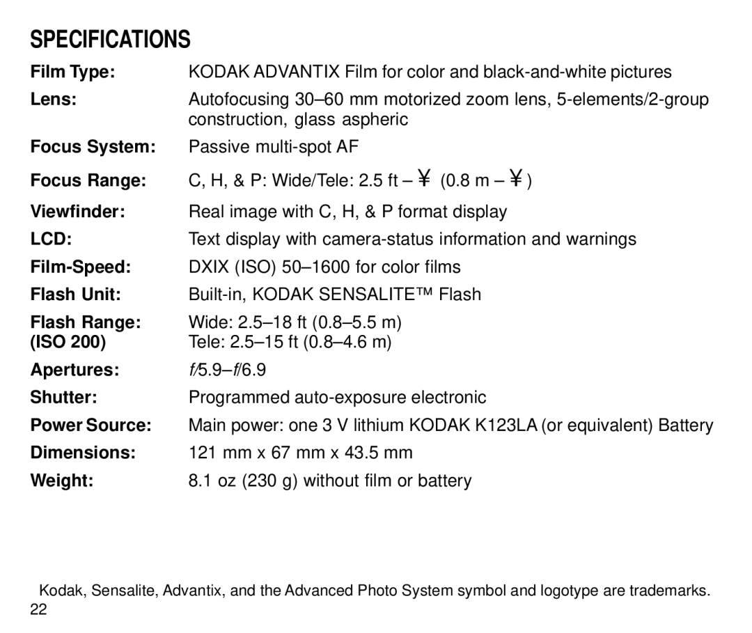 Kodak C700 manual Specifications 