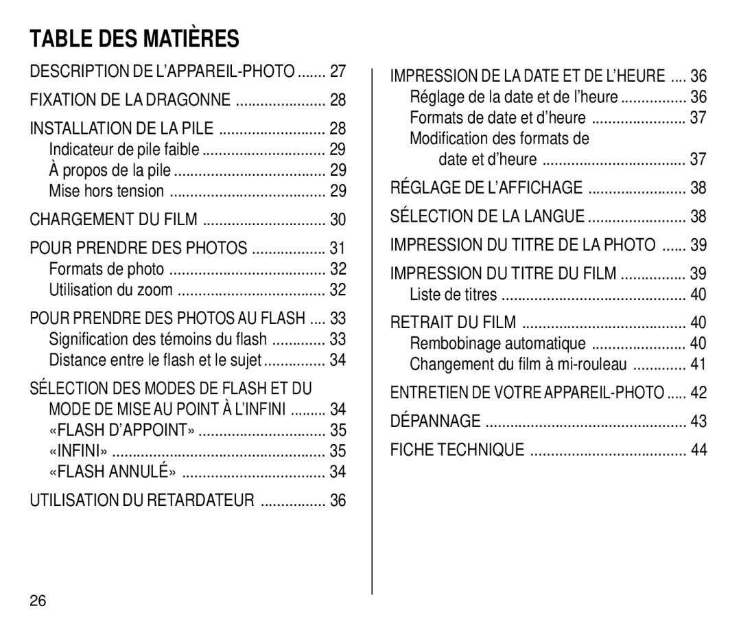 Kodak C700 manual Table DES Matières, Modification des formats de 