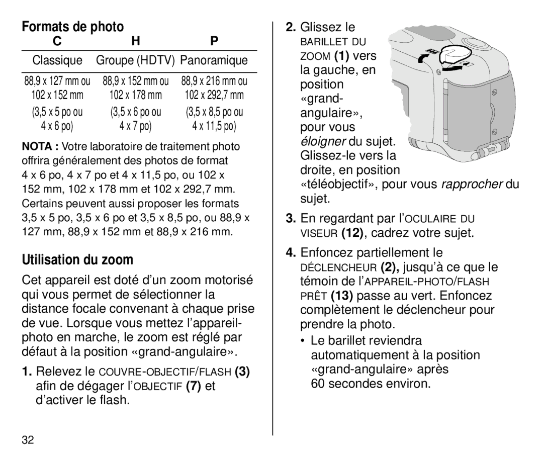 Kodak C700 manual Formats de photo, Utilisation du zoom 