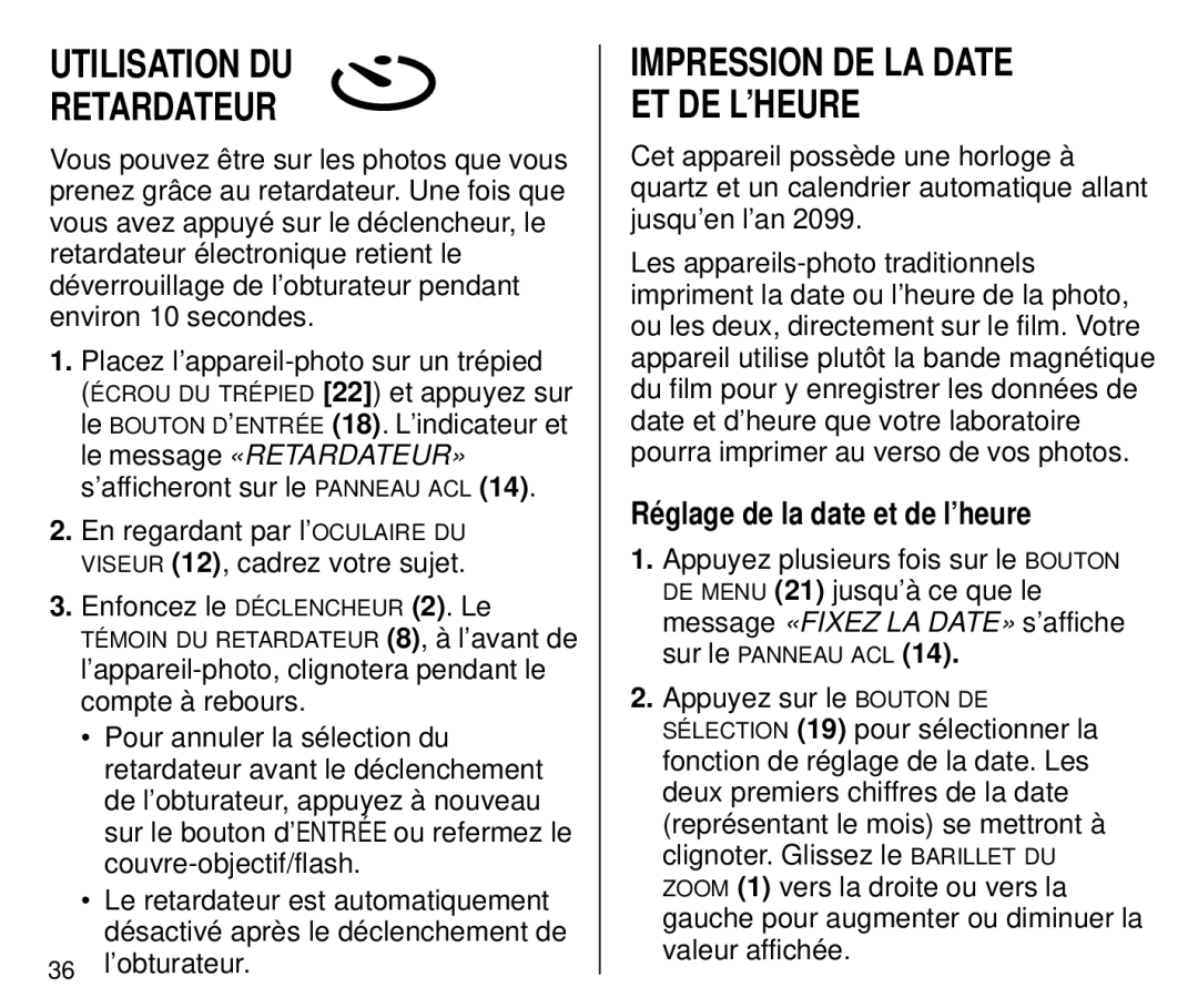 Kodak C700 manual Utilisation DU Retardateur, Impression DE LA Date ET DE L’HEURE, Réglage de la date et de l’heure 