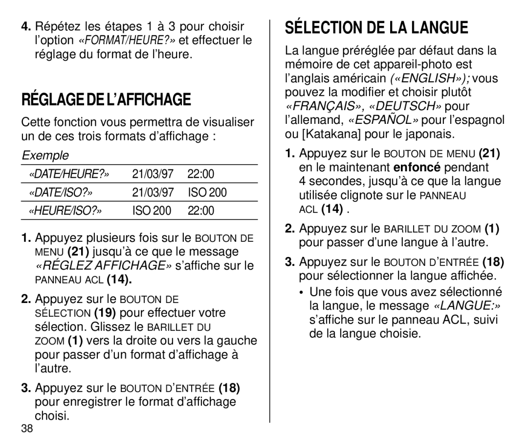 Kodak C700 manual Réglage DE L’AFFICHAGE, Sélection DE LA Langue, ISO 2200 Appuyez plusieurs fois sur le Bouton DE, Acl 