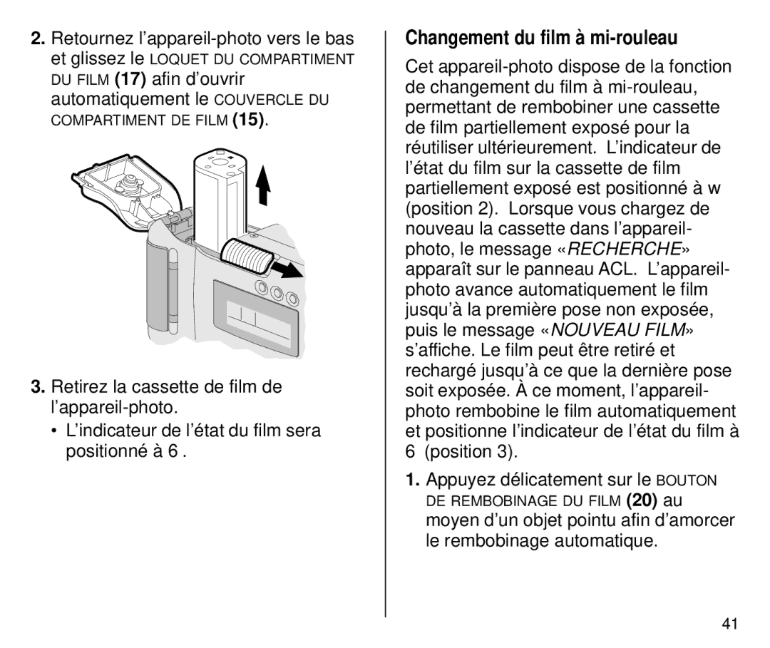Kodak C700 manual Changement du film à mi-rouleau 