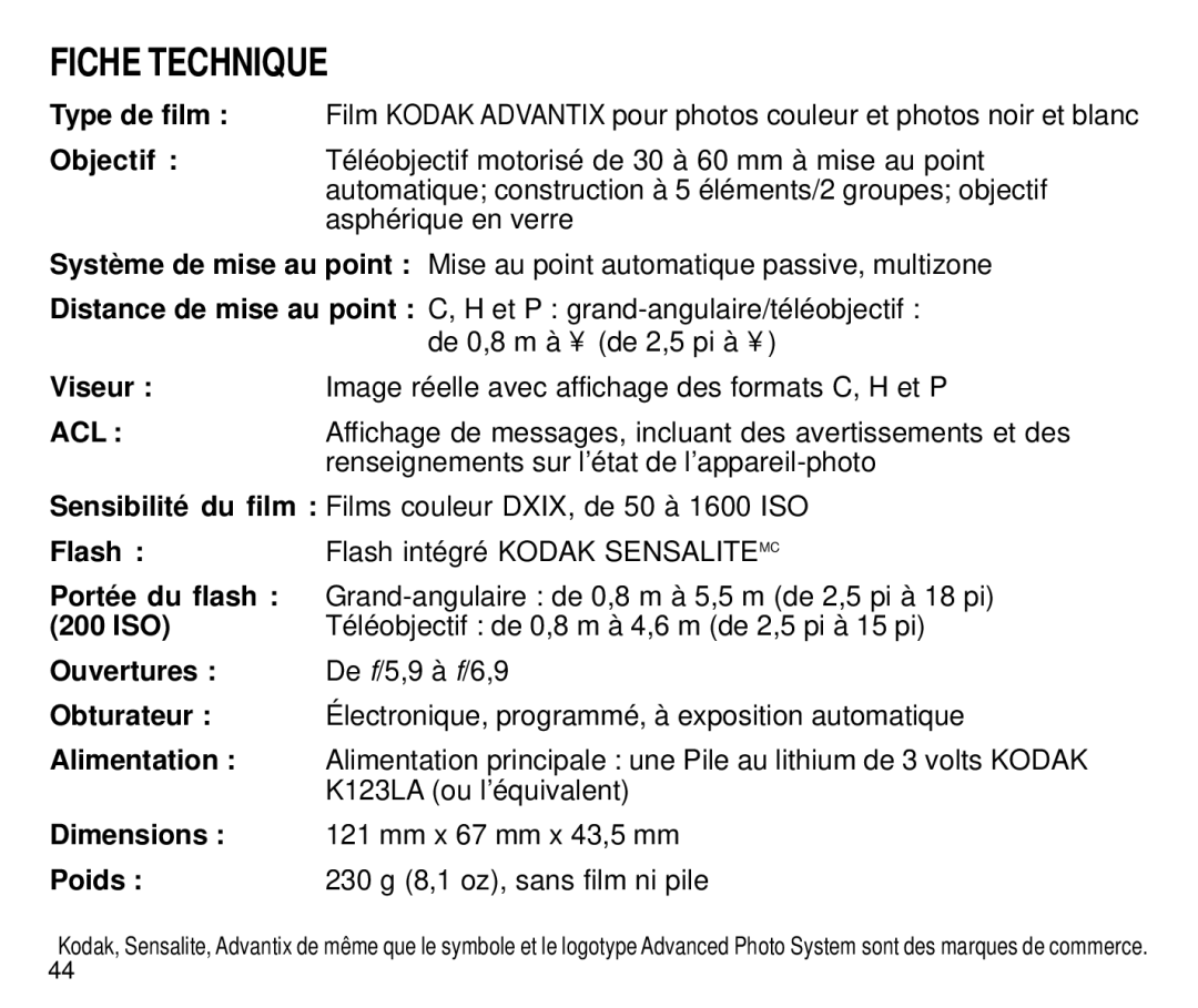 Kodak C700 manual Fiche Technique 