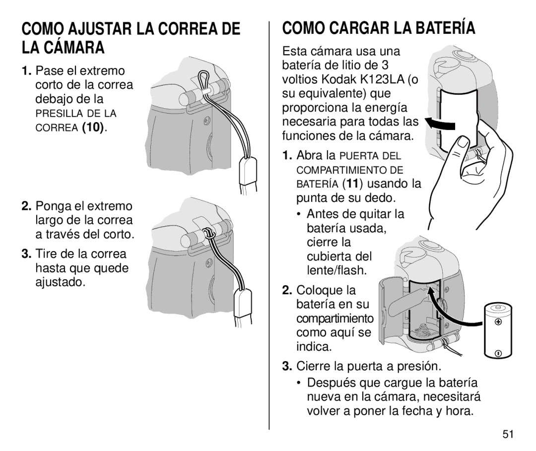 Kodak C700 Como Ajustar LA Correa DE LA Cámara, Como Cargar LA Batería, Pase el extremo corto de la correa debajo de la 