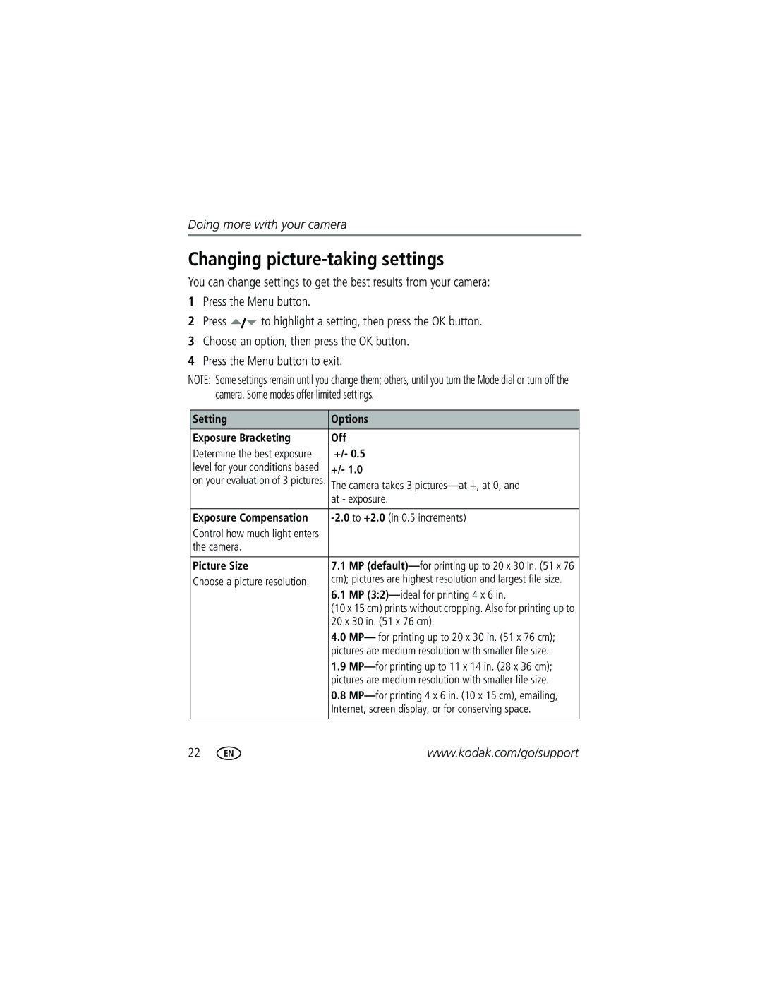 Kodak C703, C743 manual Changing picture-taking settings 