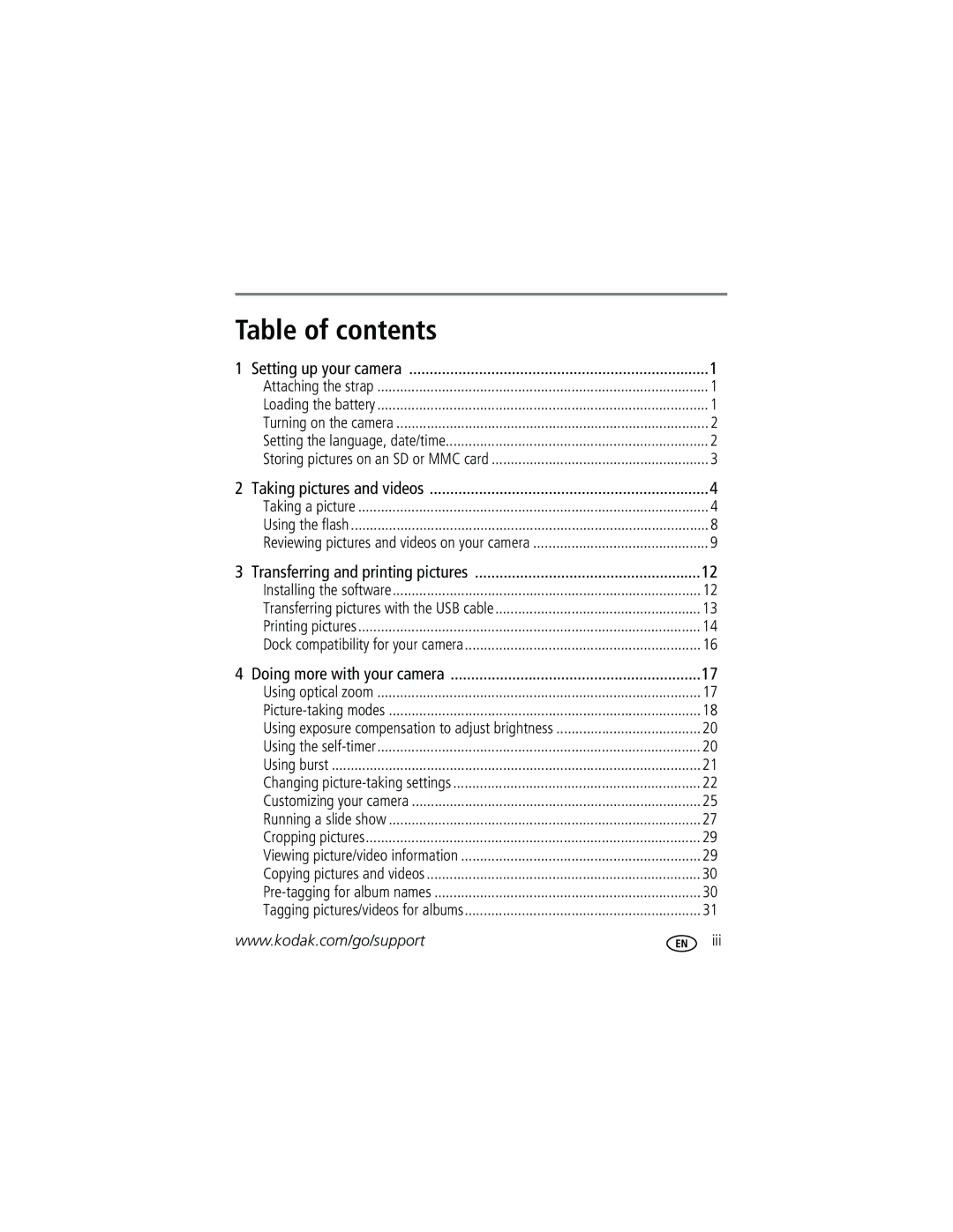 Kodak C703, C743 manual Table of contents 