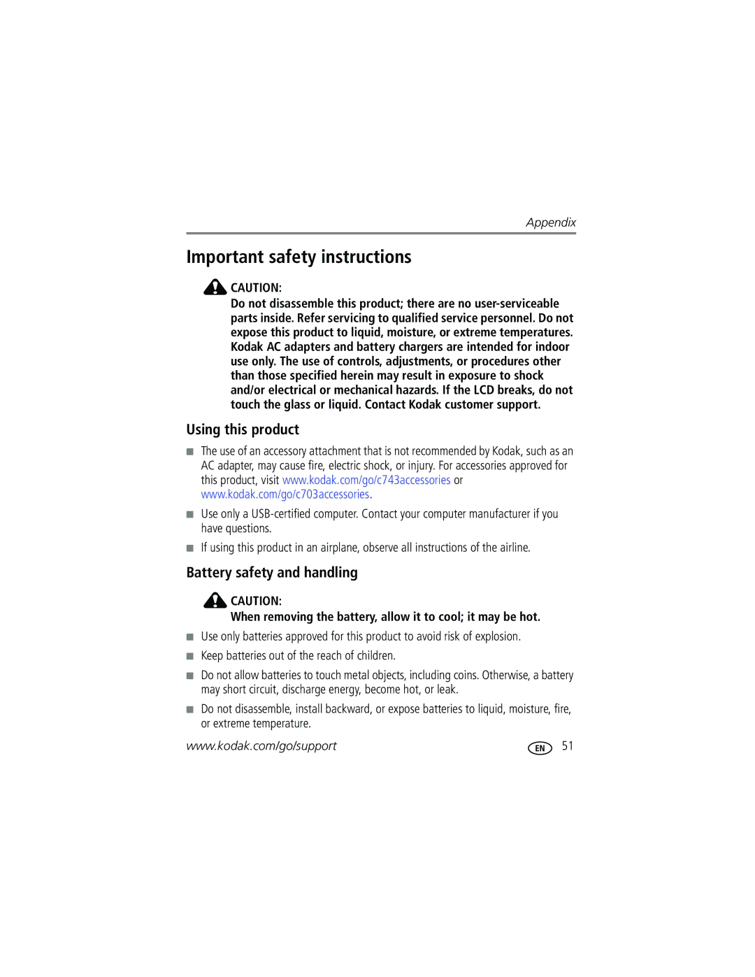 Kodak C703, C743 manual Important safety instructions, Using this product, Battery safety and handling 