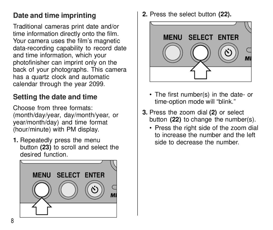 Kodak C750 manual Date and time imprinting, Setting the date and time 