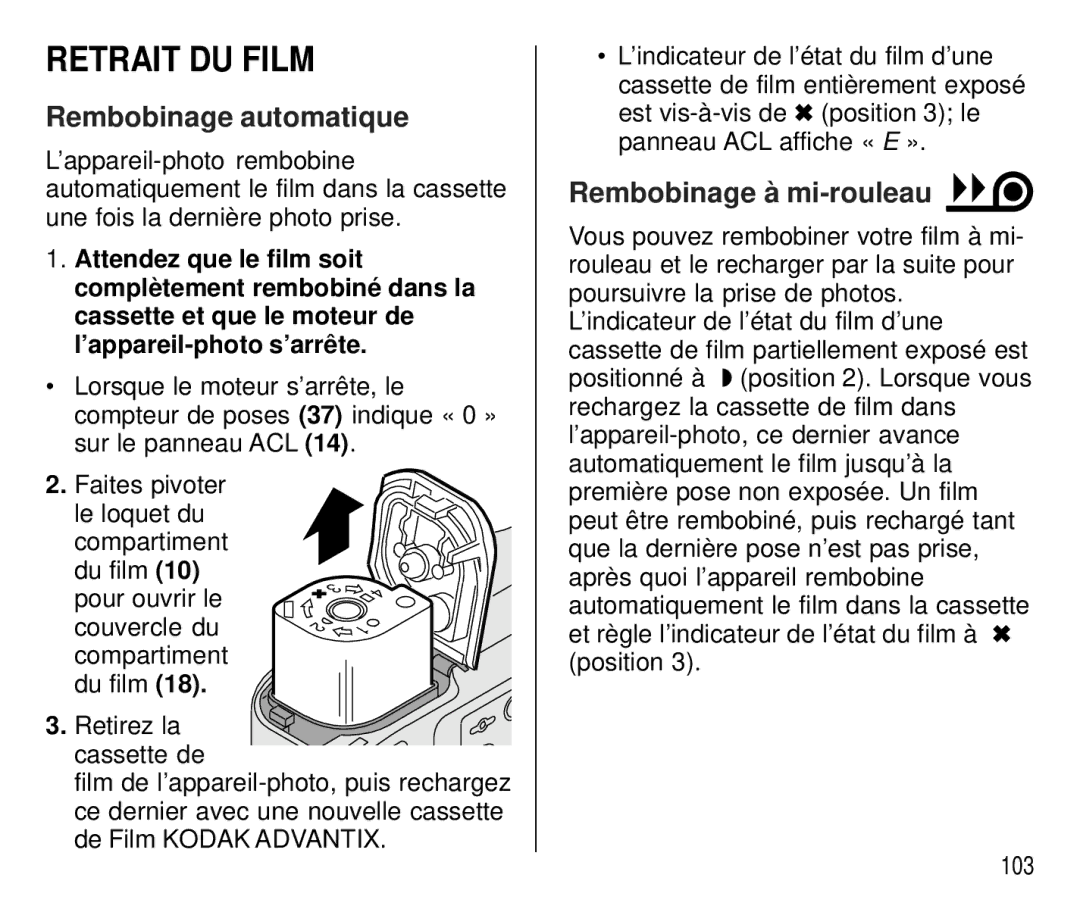 Kodak C750 manual Retrait DU Film, Rembobinage automatique 