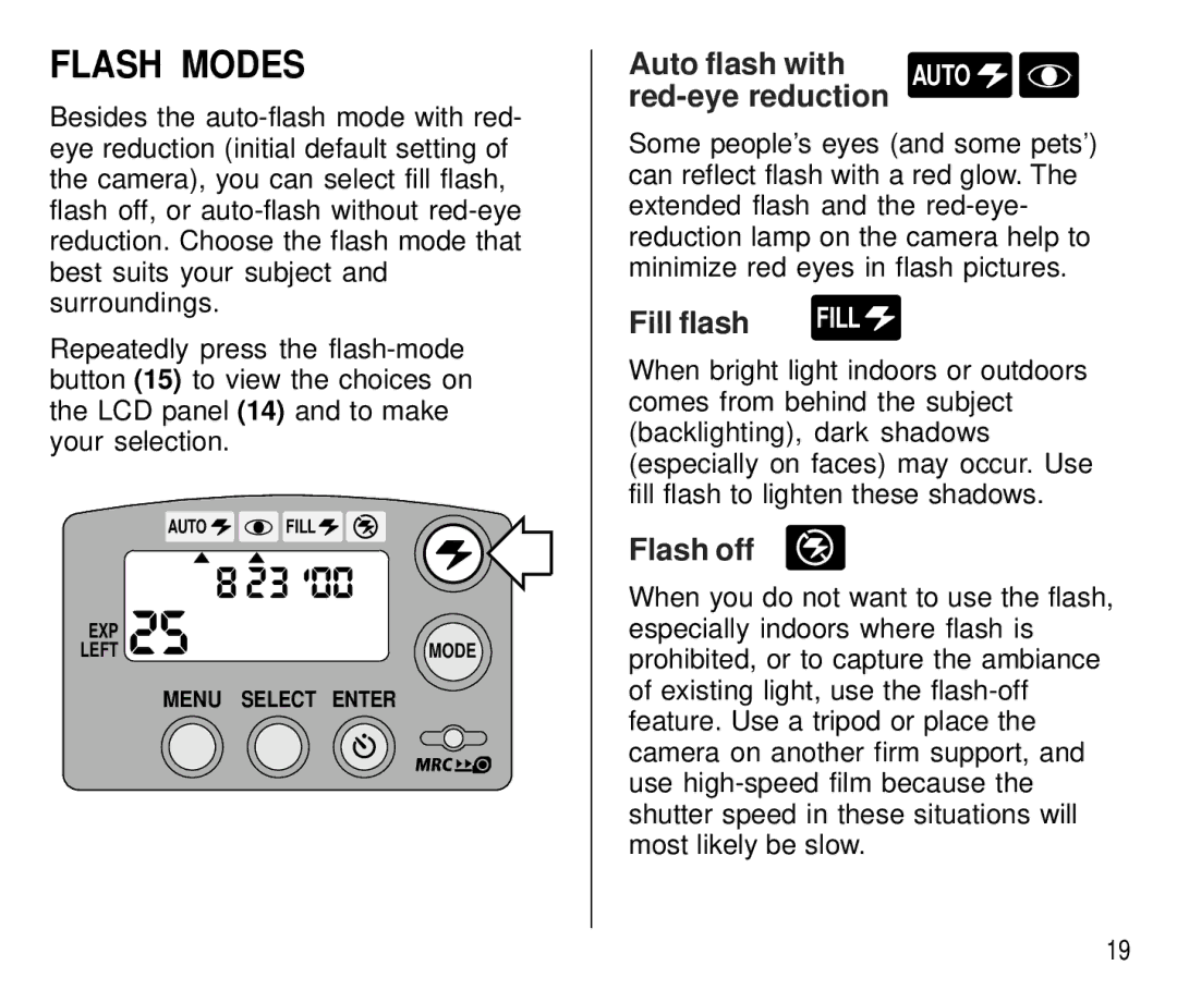 Kodak C750 manual Flash Modes, Auto flash with, Red-eye reduction, Fill flash, Flash off 