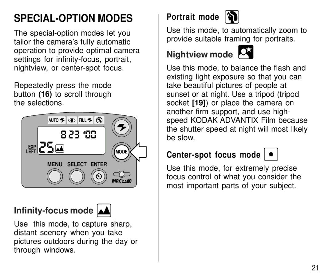 Kodak C750 manual SPECIAL-OPTION Modes, Infinity-focus mode, Nightview mode 