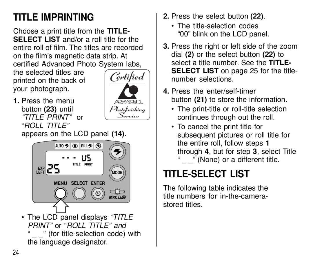 Kodak C750 manual Title Imprinting, TITLE-SELECT List 