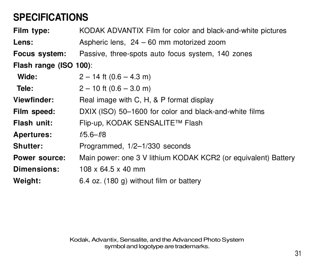 Kodak C750 manual Specifications 