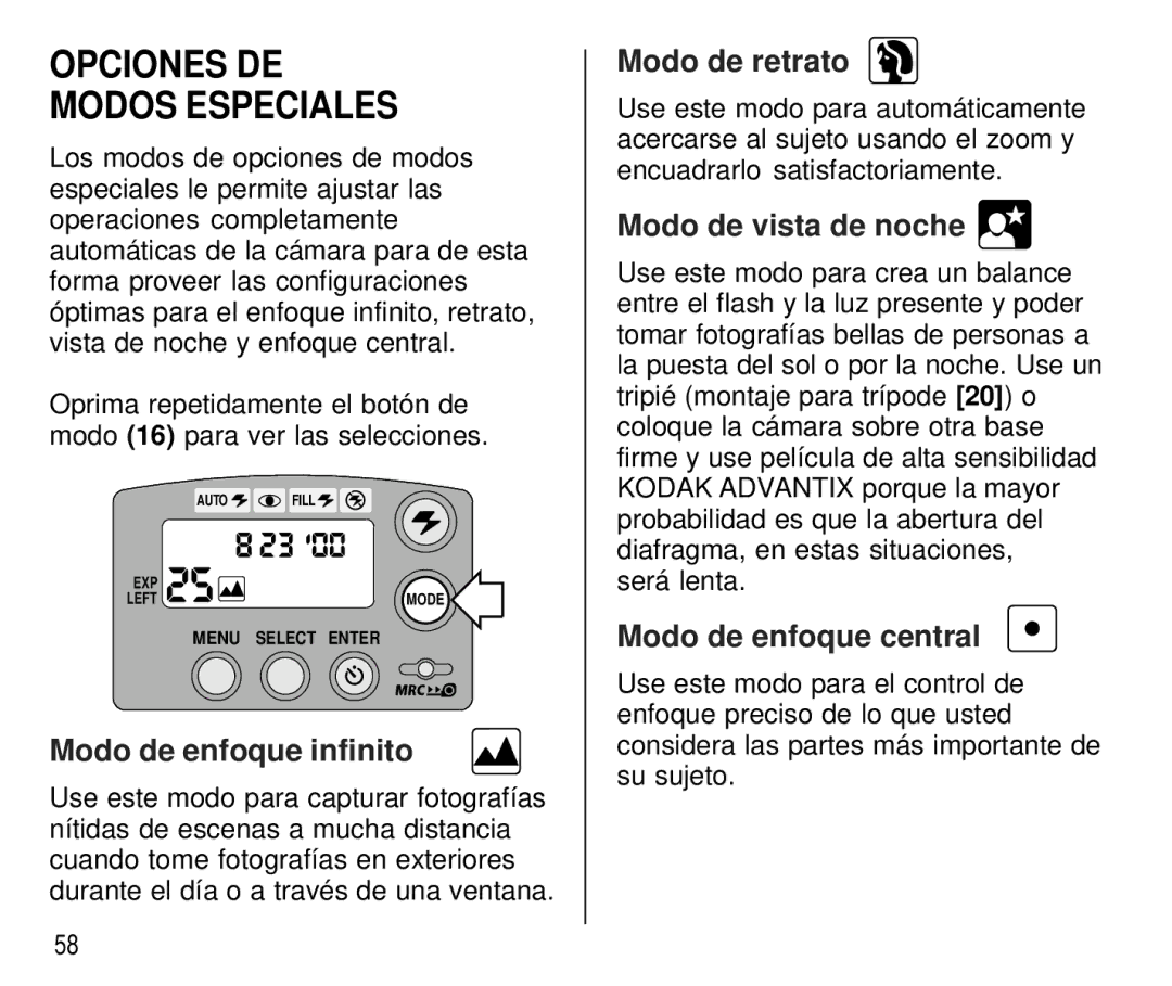 Kodak C750 manual Opciones DE Modos Especiales, Modo de enfoque infinito, Modo de retrato, Modo de vista de noche 