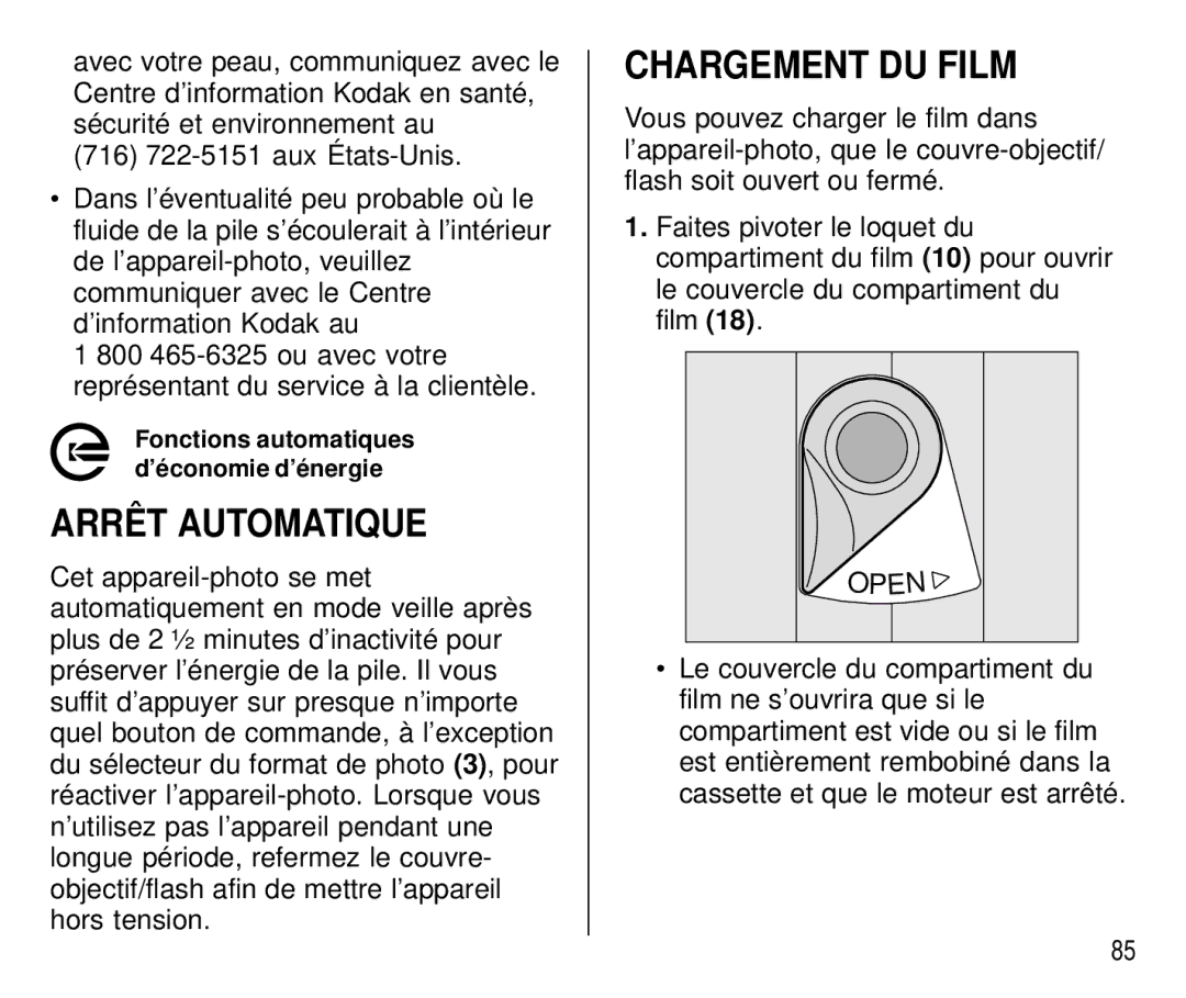 Kodak C750 manual Arrêt Automatique, Chargement DU Film 